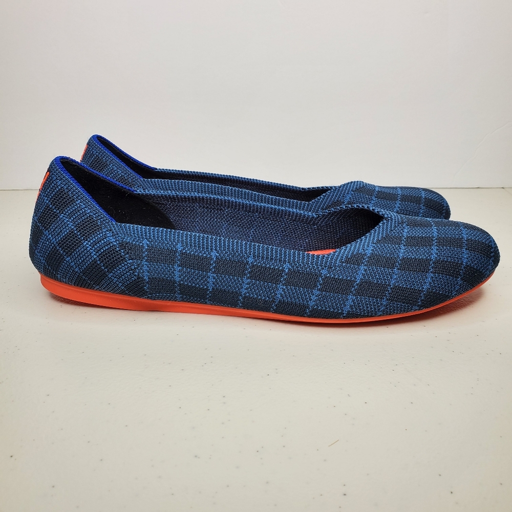 Rothy’s The Flat Indigo Blue Gingham Plaid Round Toe Flats, Size 9.5